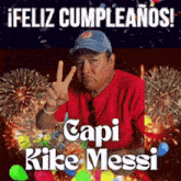 a man is giving a peace sign in front of fireworks and the name kike messi is on the bottom