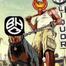 a cartoon of a man holding a bat and chained to a dog in front of a liquor store