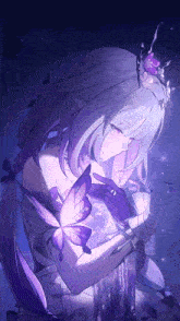 a girl with purple hair is holding a butterfly