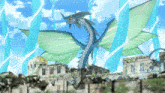 a dragon is flying over a ruined building