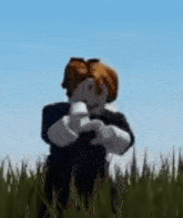 a roblox character is standing in a grassy field holding a gun .