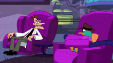 perry the platypus sits in a purple chair next to a cartoon character