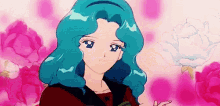 a girl with blue hair is standing in front of a pink background .