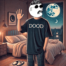 a man wearing a t-shirt that says dood stands in front of a bed