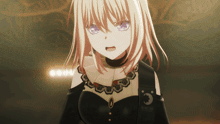 a girl with blonde hair and purple eyes is wearing a necklace that says ionectar on it