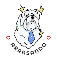 a drawing of a white dog wearing a blue tie with the words arrasando surrounding it
