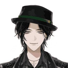 a young man with long black hair is wearing a black hat with a green ribbon .