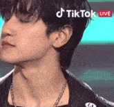a close up of a person 's face with a necklace around their neck .