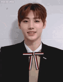 a young man in a suit and bow tie is smiling .