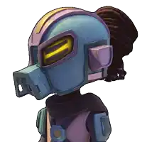a cartoon character wearing a blue helmet with a yellow stripe on the side