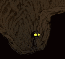 a cartoon character with big yellow eyes is standing in a dark cave