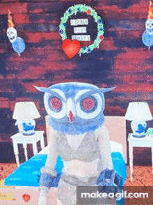 an owl in a bikini is standing next to a bed in a room