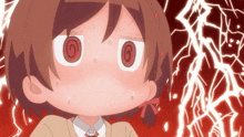 a cartoon of a girl with a swirling eye and lightning behind her