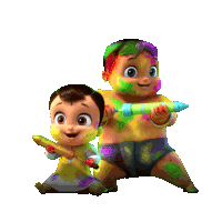 a happy holi greeting card with two babies and the word holi