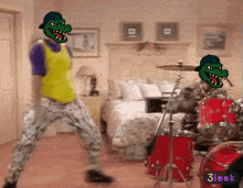 a man in a yellow shirt is dancing in front of a drum set with a 3look logo on the bottom