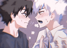 a drawing of two anime characters looking at each other with a surprised look on their faces