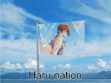 a haru nation flag with a picture of a boy and a dog