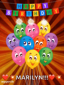 a birthday card for marilyn with colorful balloons