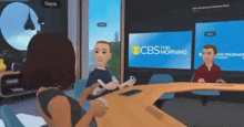 a computer generated image of two people sitting at a table with cbs this morning on the screen