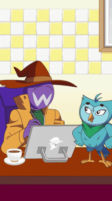 a cartoon of a man and an owl sitting at a table