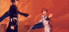two anime characters standing next to each other in front of a red background