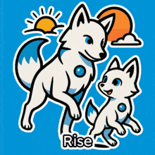 a cartoon drawing of two white foxes with the word rise underneath them