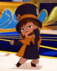 a cartoon character is wearing a top hat and scarf and dancing .
