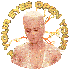 a sticker with a woman and the words " open your eyes "