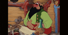 a cartoon character with a beard is sitting at a table with a bottle of wine