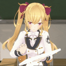 a girl with blonde hair and purple eyes is sitting at a desk
