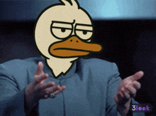 a man in a suit has a cartoon duck on his head and a 3look logo below him
