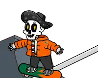 a teddy bear wearing a black shirt with a skull on it is riding a skateboard down a ramp