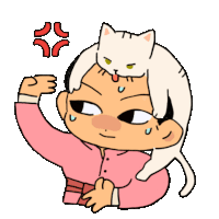a cartoon of a girl with a cat on her head making a funny face