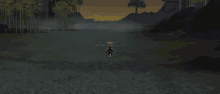 a screenshot of a video game shows a person in a swamp with a yellow star in the background