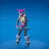 a person in a purple and green outfit is dancing on a blue background