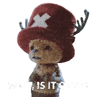 a stuffed animal wearing a red hat with antlers and the words wait is it over