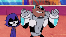 two cartoon characters raven and cyborg are standing next to each other and smiling