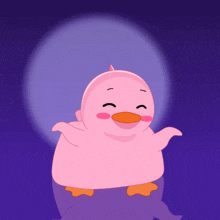 a pink cartoon duck with a purple background