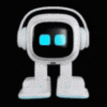 a white robot with headphones on its head is standing on a black background .