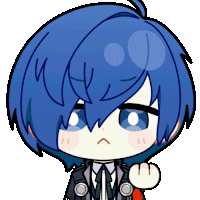 a cartoon drawing of a boy with blue hair and white eyes
