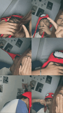 a collage of images shows a man wearing a red spiderman hat