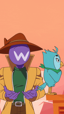 a cartoon of a man with a w on his head standing next to a bird