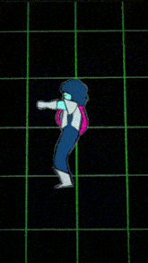 a cartoon character is dancing in front of a green grid .
