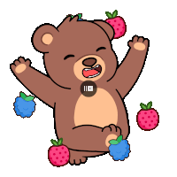 a cartoon of a teddy bear surrounded by strawberries and blueberries
