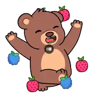a cartoon of a teddy bear surrounded by strawberries and blueberries