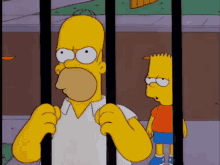 homer simpson is behind bars with bart simpson behind him