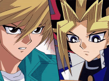 two anime characters are looking at each other with one having a crown on his head