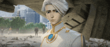 a man with white hair is wearing a gold necklace
