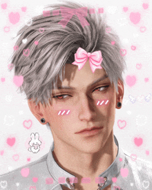 a man with a pink bow on his forehead is surrounded by pink hearts