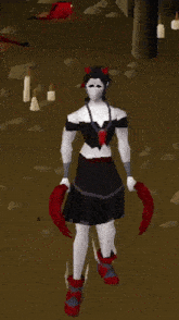 a woman in a black dress with red claws is standing in front of a red dragon